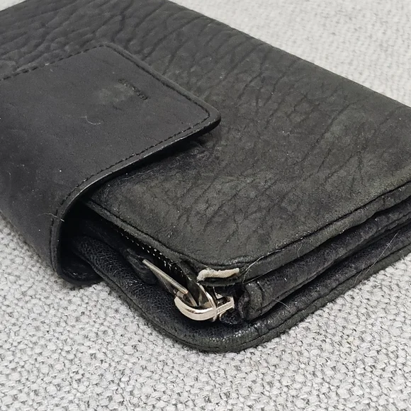 AllSaints Black Distressed Leather Tri Fold Wallet Zip Pocket - Picture 5 of 11